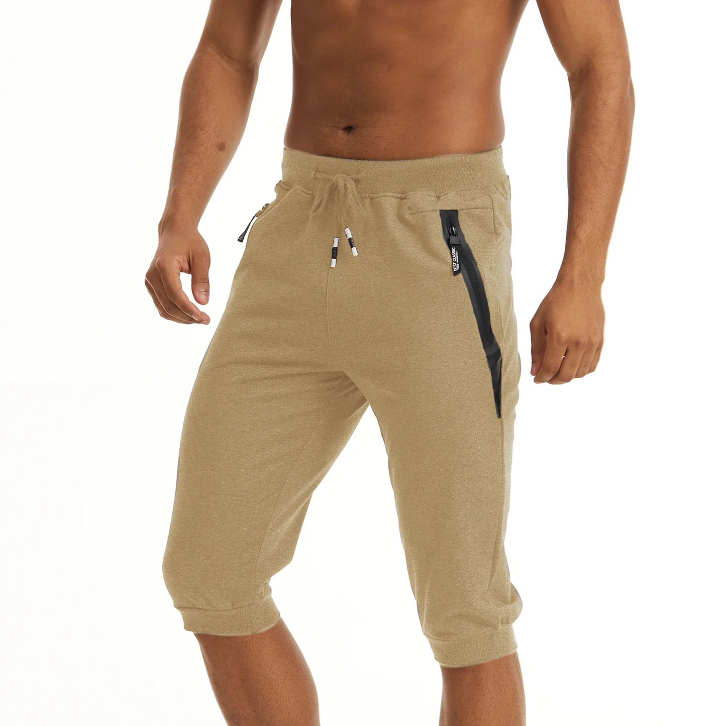 3/4 Joggebukse for Herre – Treningsshorts med Glidelåslommer (Under Kneet)