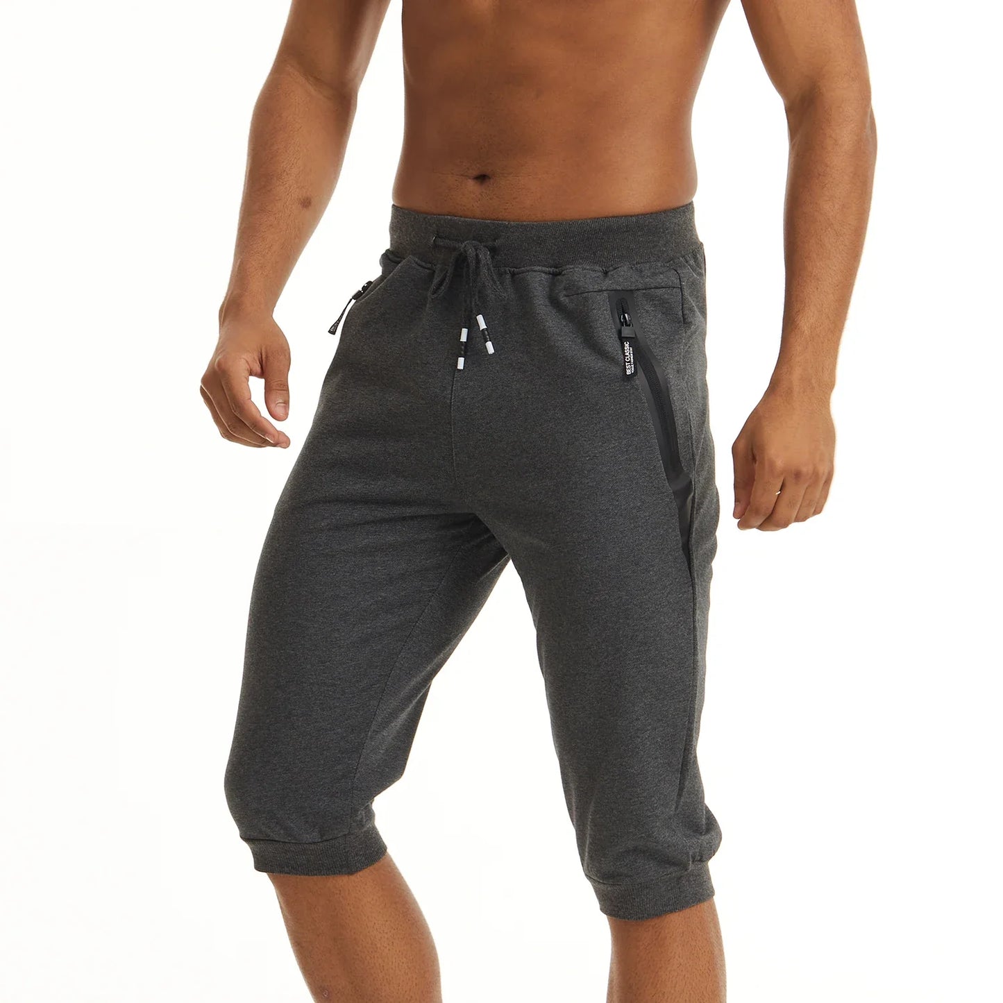 3/4 Joggebukse for Herre – Treningsshorts med Glidelåslommer (Under Kneet)