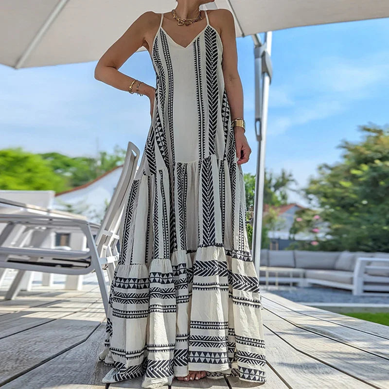 Elegant Sommerkjole med Volanger – Ermeløs Boho Maxikjole med V-hals