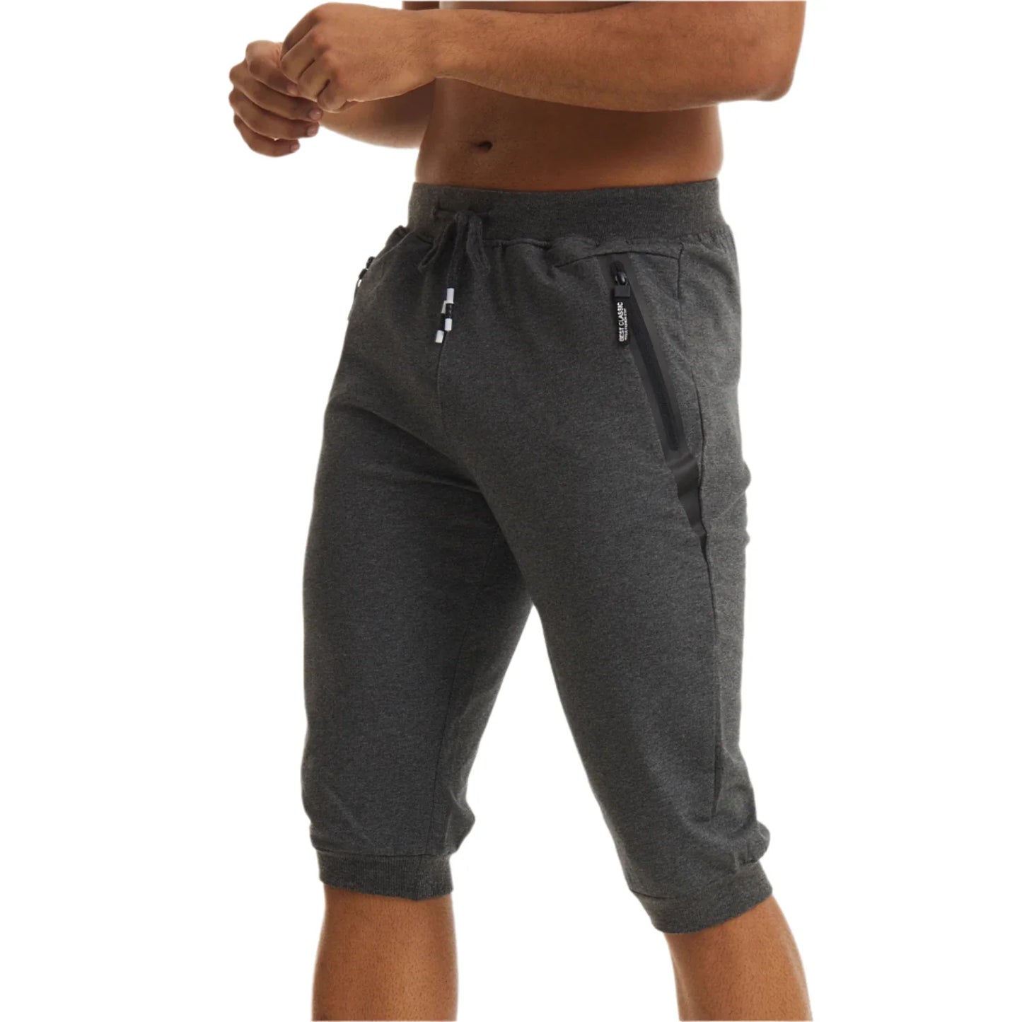 3/4 Joggebukse for Herre – Treningsshorts med Glidelåslommer (Under Kneet)