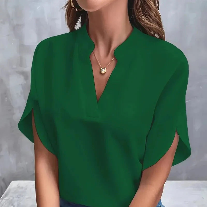 Elegant og Løs V-hals Bluse til Dame – Halv Erm og Pullover-stil (2024)