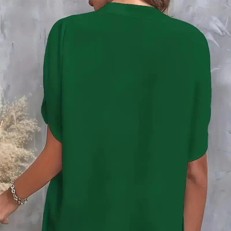 Elegant og Løs V-hals Bluse til Dame – Halv Erm og Pullover-stil (2024)