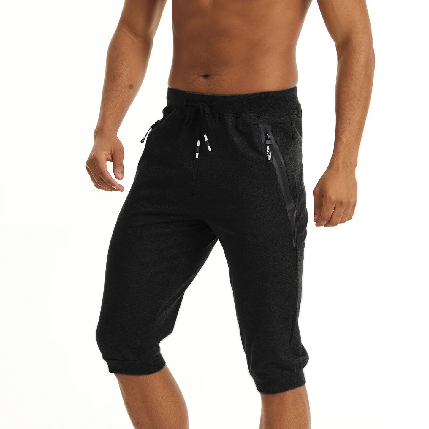 3/4 Joggebukse for Herre – Treningsshorts med Glidelåslommer (Under Kneet)