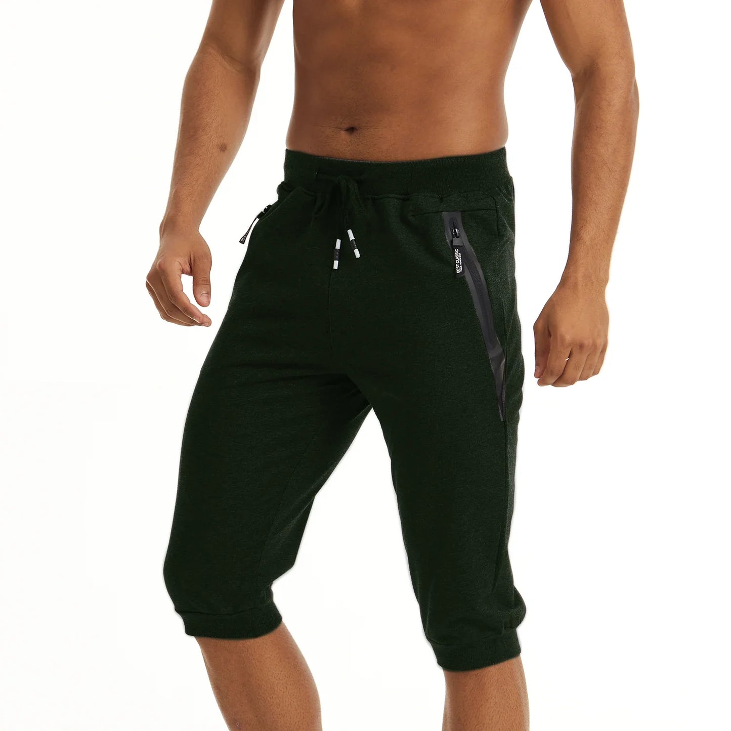3/4 Joggebukse for Herre – Treningsshorts med Glidelåslommer (Under Kneet)