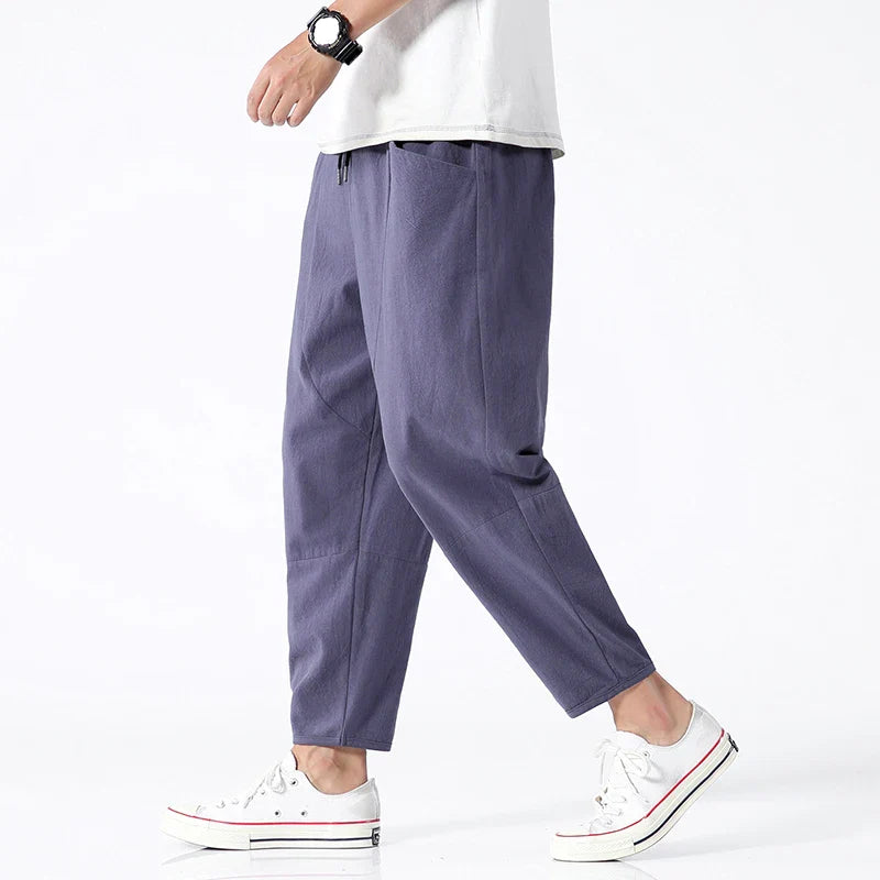Trendy Herrebukser i 100% Bomull – Japanskinspirert, Løs Passform og Cropped Lengde (opptil 5XL)