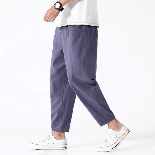 Trendy Herrebukser i 100% Bomull – Japanskinspirert, Løs Passform og Cropped Lengde (opptil 5XL)