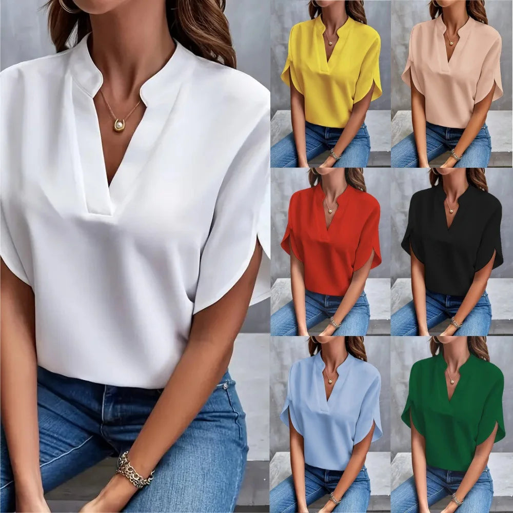 Elegant og Løs V-hals Bluse til Dame – Halv Erm og Pullover-stil (2024)