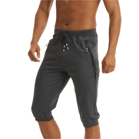 3/4 Joggebukse for Herre – Treningsshorts med Glidelåslommer (Under Kneet)