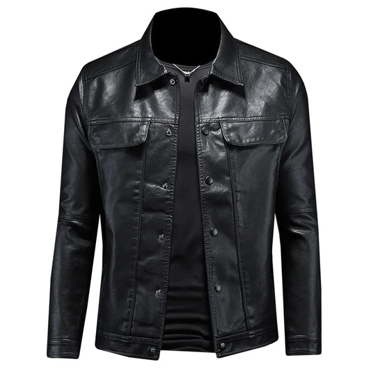 Stilren Herre Skinnjakke med Krage – Slim Fit Motorsykkeldesign i Ensfarget Look (M–5XL)