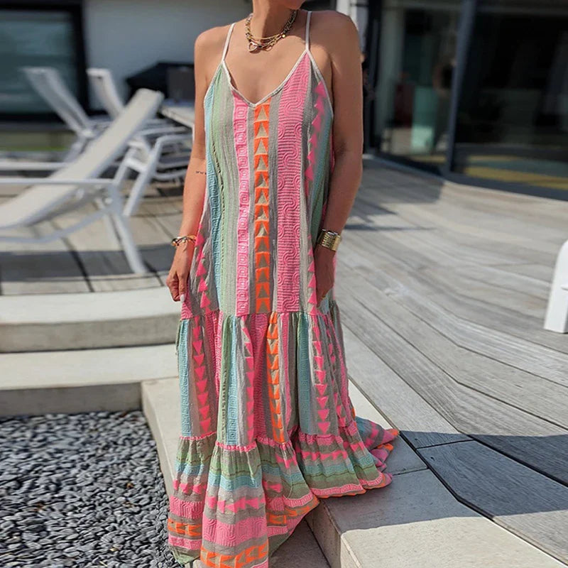 Elegant Sommerkjole med Volanger – Ermeløs Boho Maxikjole med V-hals