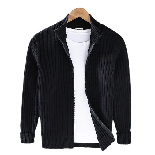 Strikket Herrecardigan med Glidelås – Slim Fit, Halvhøy Hals og Varm Komfort til Vår og Høst