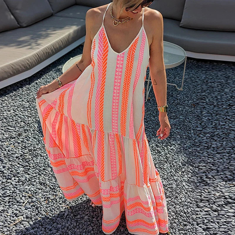 Elegant Sommerkjole med Volanger – Ermeløs Boho Maxikjole med V-hals