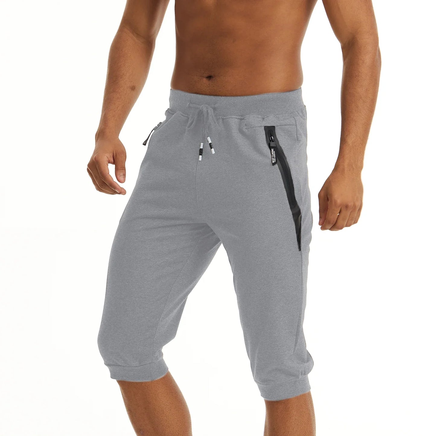 3/4 Joggebukse for Herre – Treningsshorts med Glidelåslommer (Under Kneet)