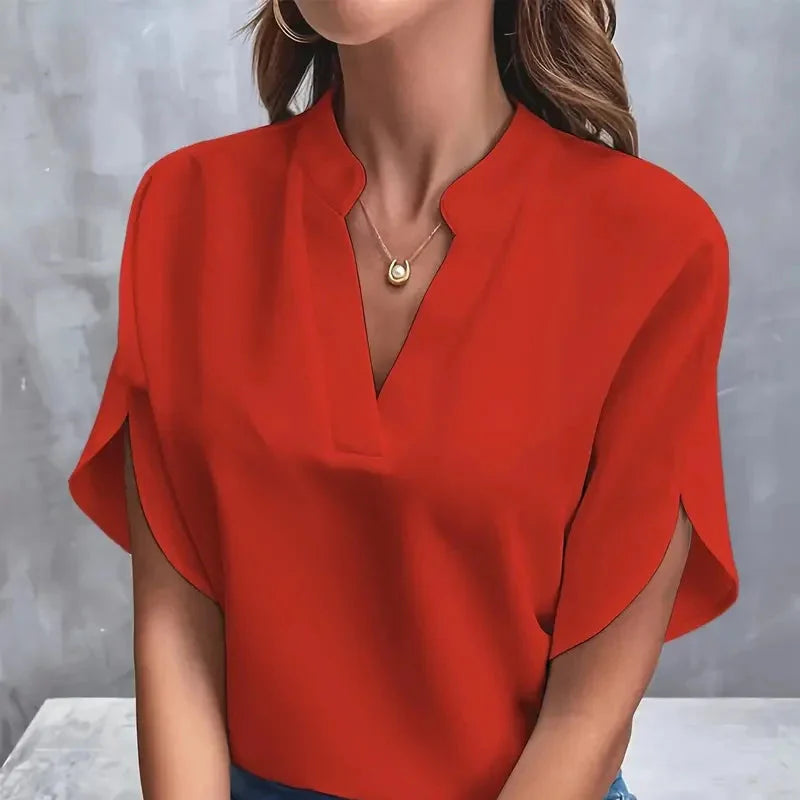 Elegant og Løs V-hals Bluse til Dame – Halv Erm og Pullover-stil (2024)