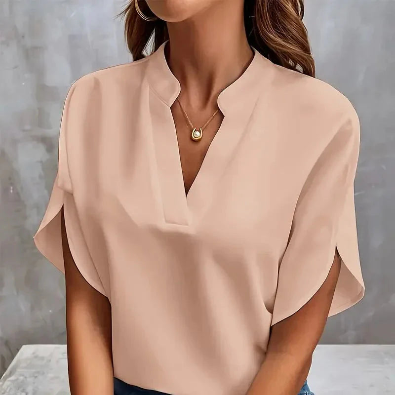 Elegant og Løs V-hals Bluse til Dame – Halv Erm og Pullover-stil (2024)
