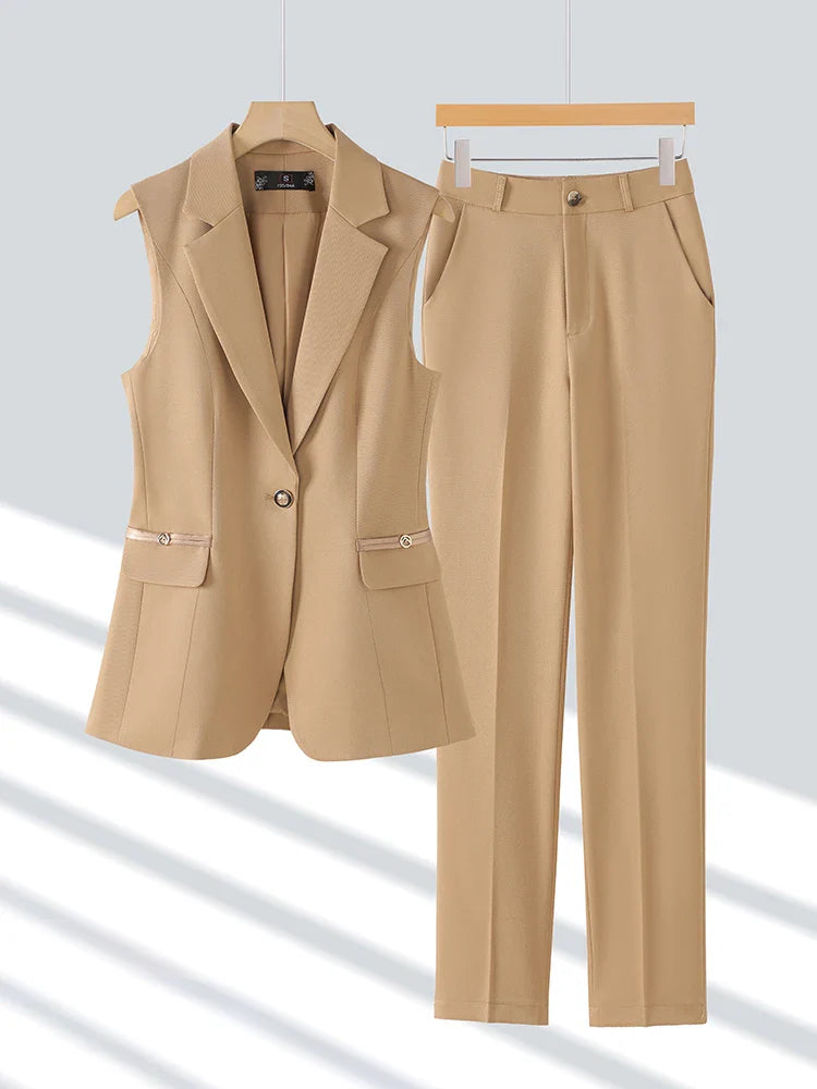 Damebuksedress i 2 Deler – Formell Vest og Bukse til Kontor og Business (Khaki, Rosa, Svart)