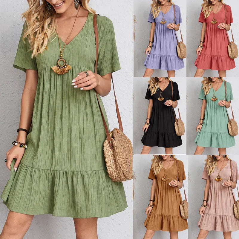 Elegant Vintage Sommerkjole – Kortermet A-linje Kjole med V-hals og Høyt Liv