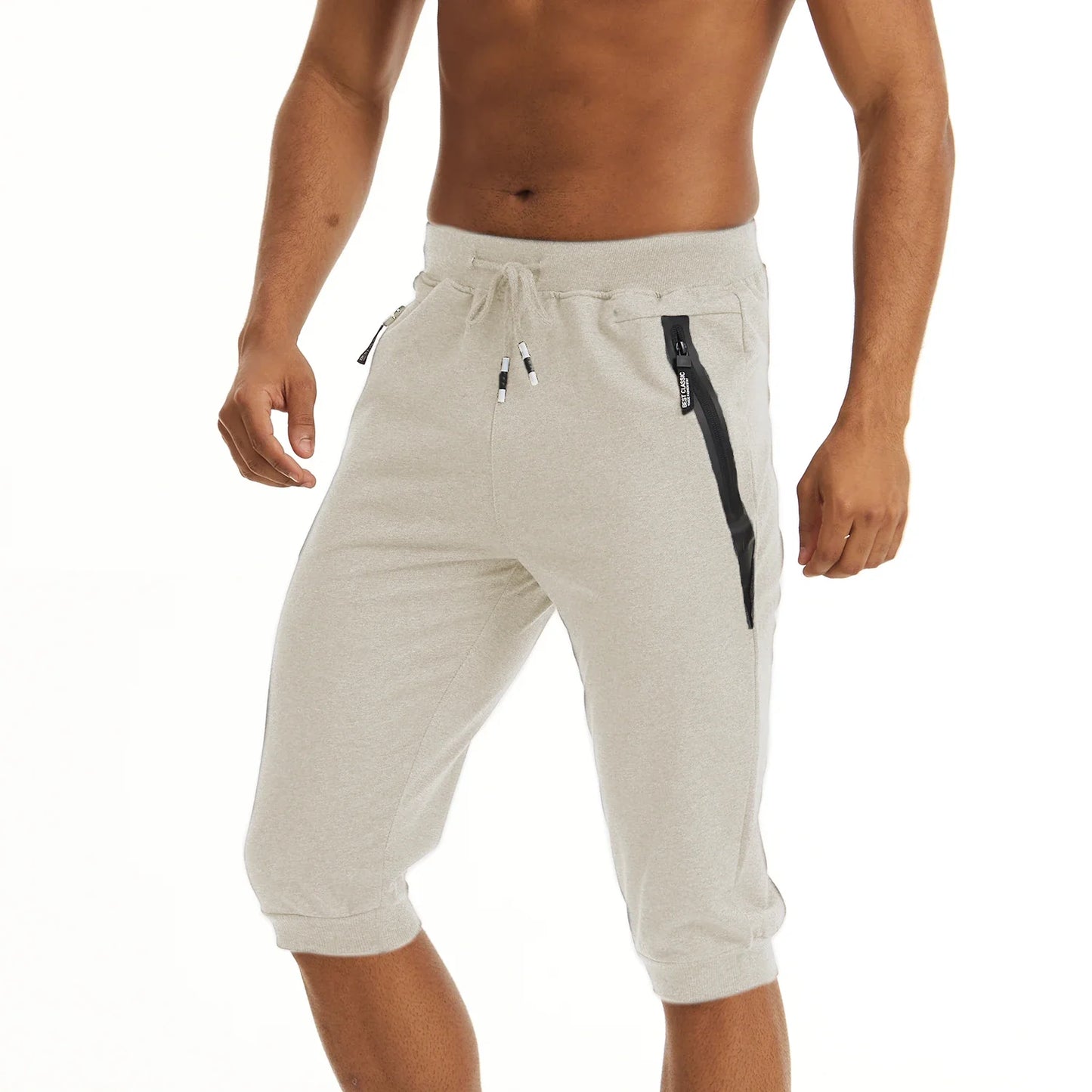 3/4 Joggebukse for Herre – Treningsshorts med Glidelåslommer (Under Kneet)
