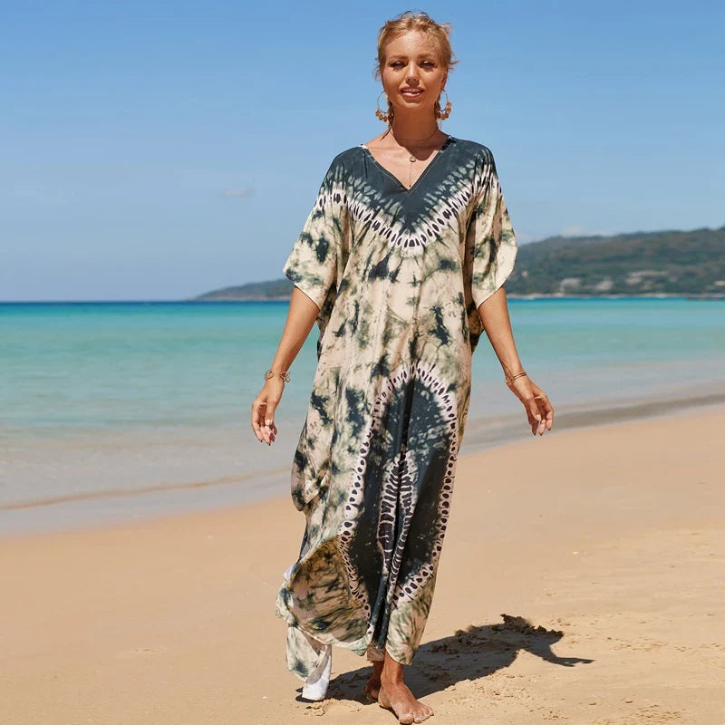 Bohemsk Tie-Dye Kaftan – Elegant, Luftig Maxi Sommerkjole i Rayon