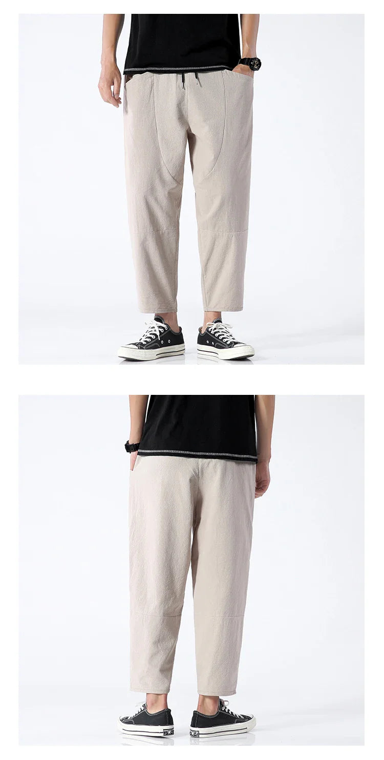Trendy Herrebukser i 100% Bomull – Japanskinspirert, Løs Passform og Cropped Lengde (opptil 5XL)
