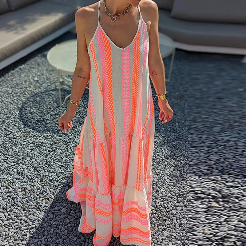 Elegant Sommerkjole med Volanger – Ermeløs Boho Maxikjole med V-hals