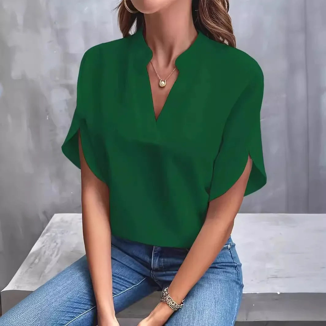 Elegant og Løs V-hals Bluse til Dame – Halv Erm og Pullover-stil (2024)