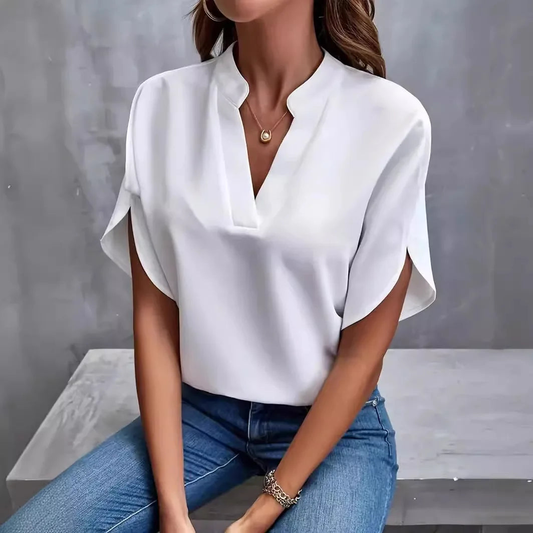 Elegant og Løs V-hals Bluse til Dame – Halv Erm og Pullover-stil (2024)