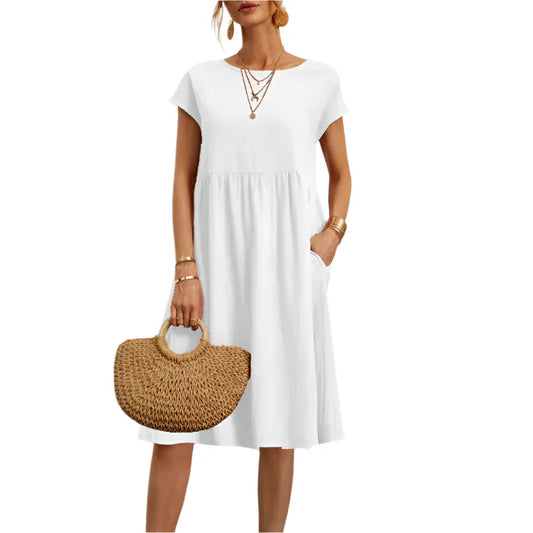 Sommerkjole i Bomull – Elegant Boho A-linje Kjole med Korte Ermer for Kvinner