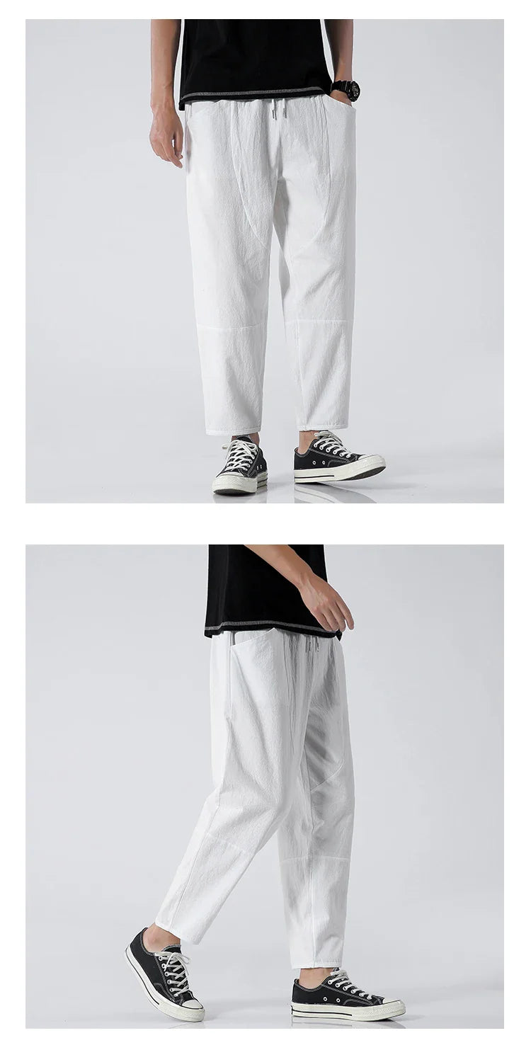 Trendy Herrebukser i 100% Bomull – Japanskinspirert, Løs Passform og Cropped Lengde (opptil 5XL)