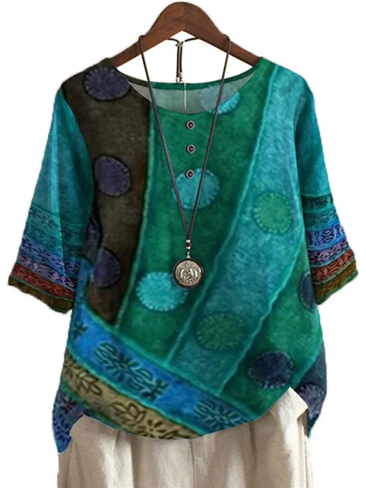 Etnisk Vintage-Print Bluse – Løs Passform, O-hals og Halvlange Ermer