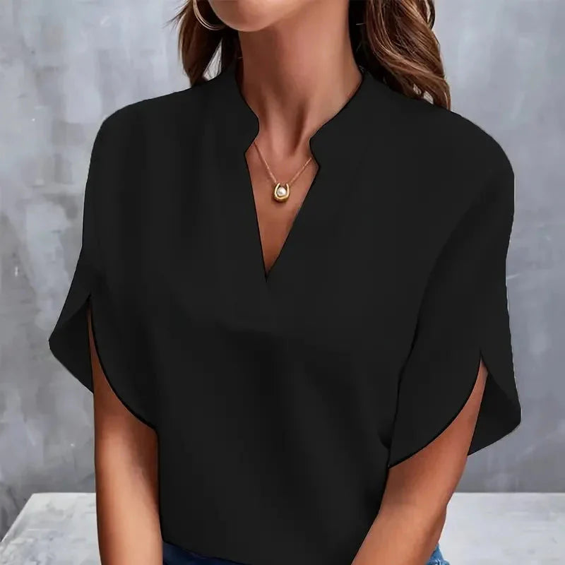 Elegant og Løs V-hals Bluse til Dame – Halv Erm og Pullover-stil (2024)